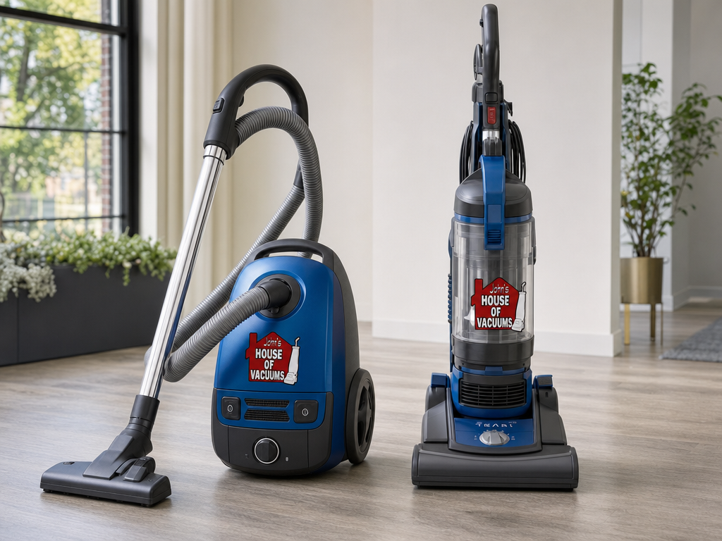 Canister vacuum and upright vacuum shown side by side on a showroom floor