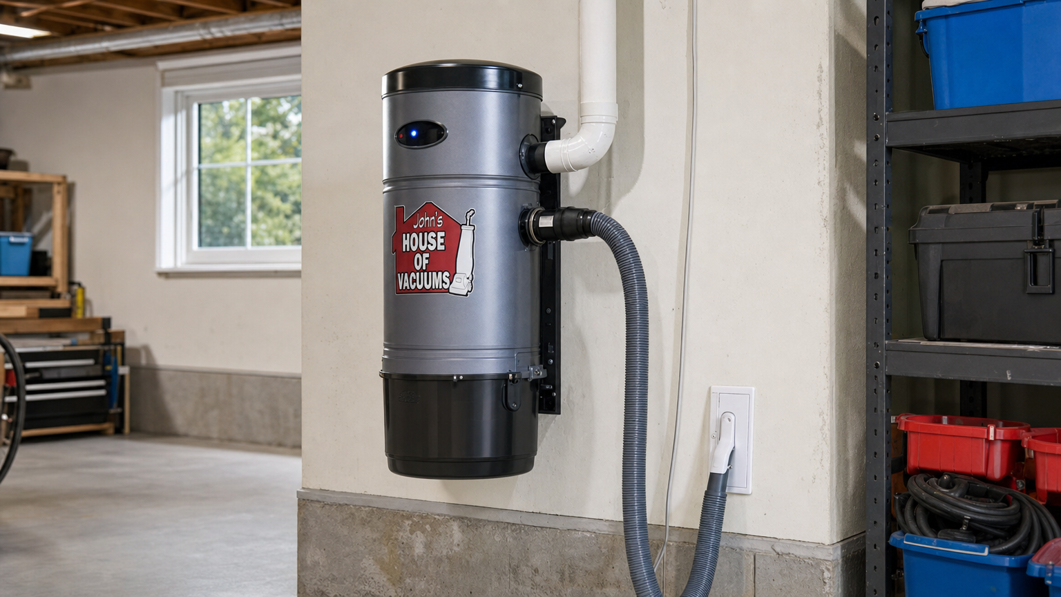 Central vacuum power unit mounted on a wall with hose attached