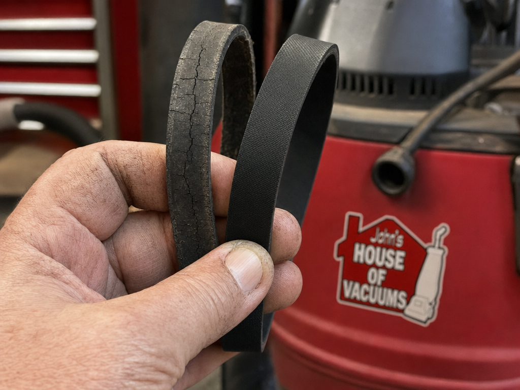 Close-up comparison of a worn vacuum belt and a new replacement belt