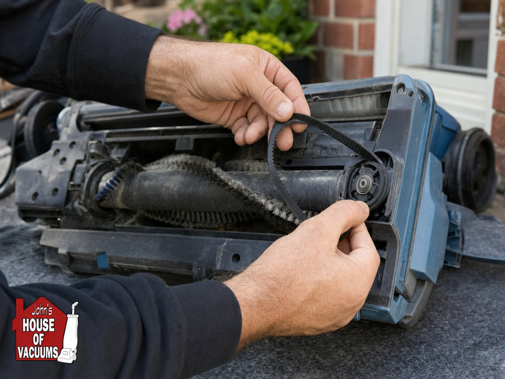 Close-up of a worn vacuum belt being inspected by hand before replacement