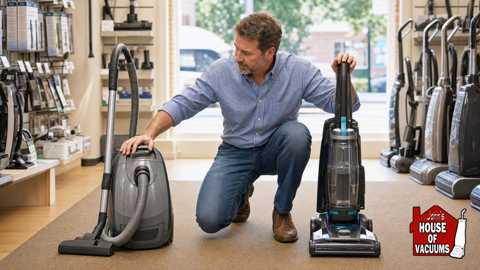 Customer comparing a canister vacuum and an upright vacuum in a vacuum shop