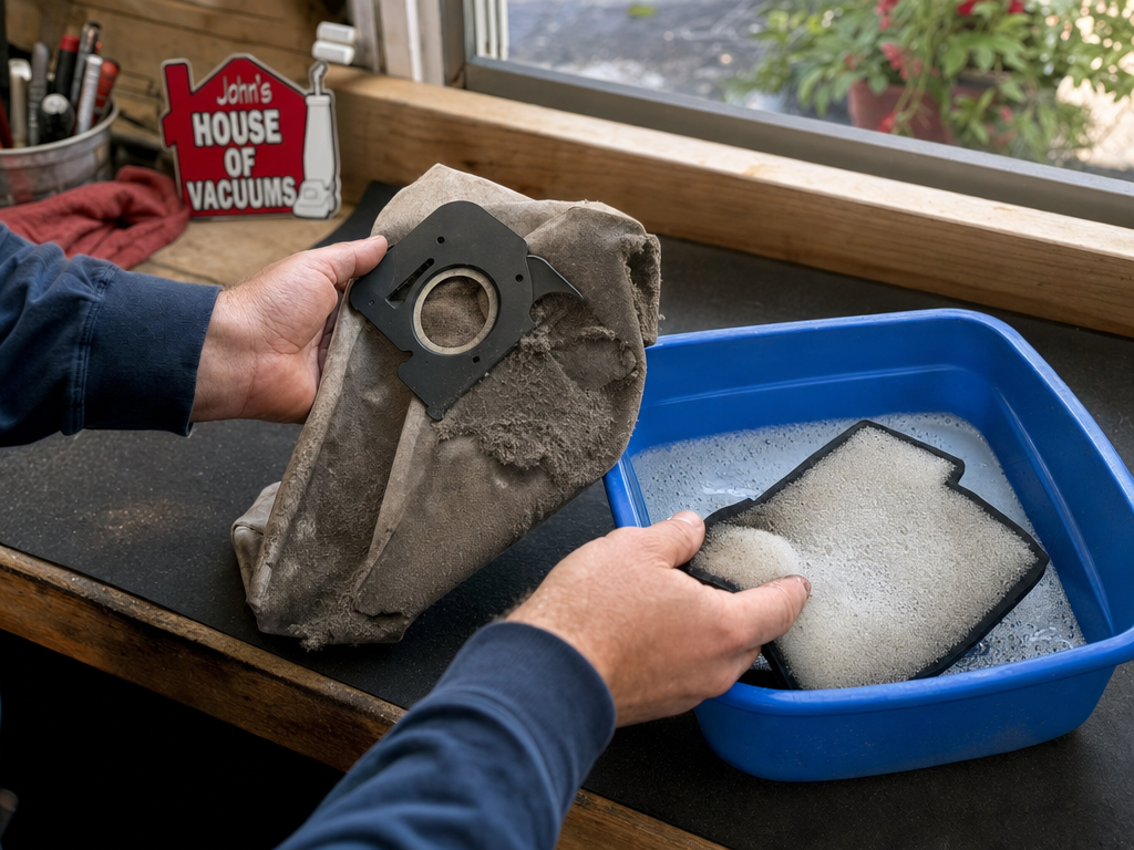 Hands changing a vacuum cleaner filter as part of routine maintenance