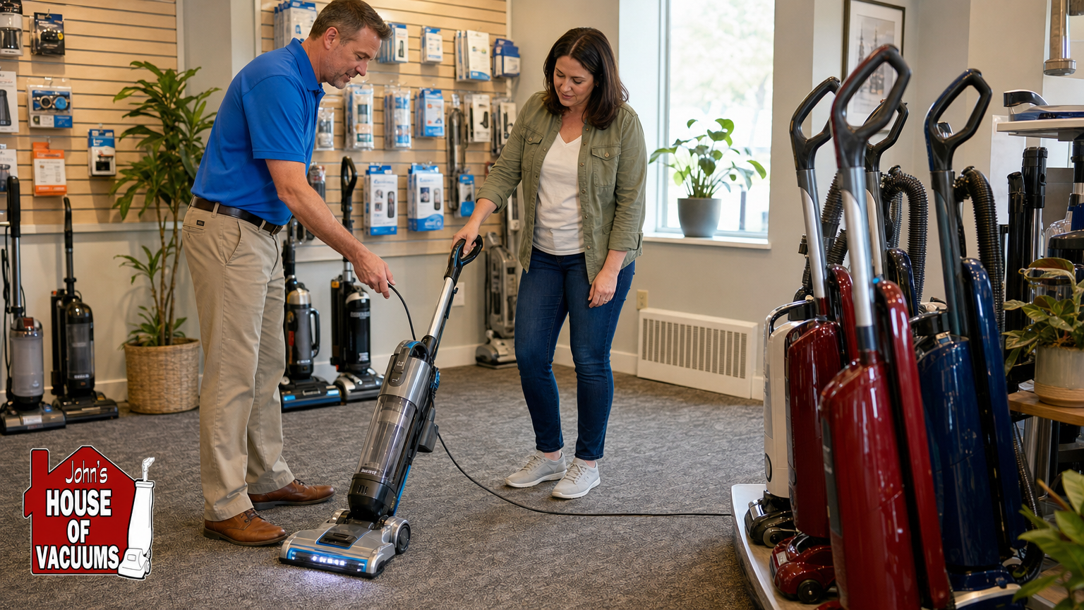 Staff member demonstrating an upright vacuum cleaner on carpet in a vacuum store showroom