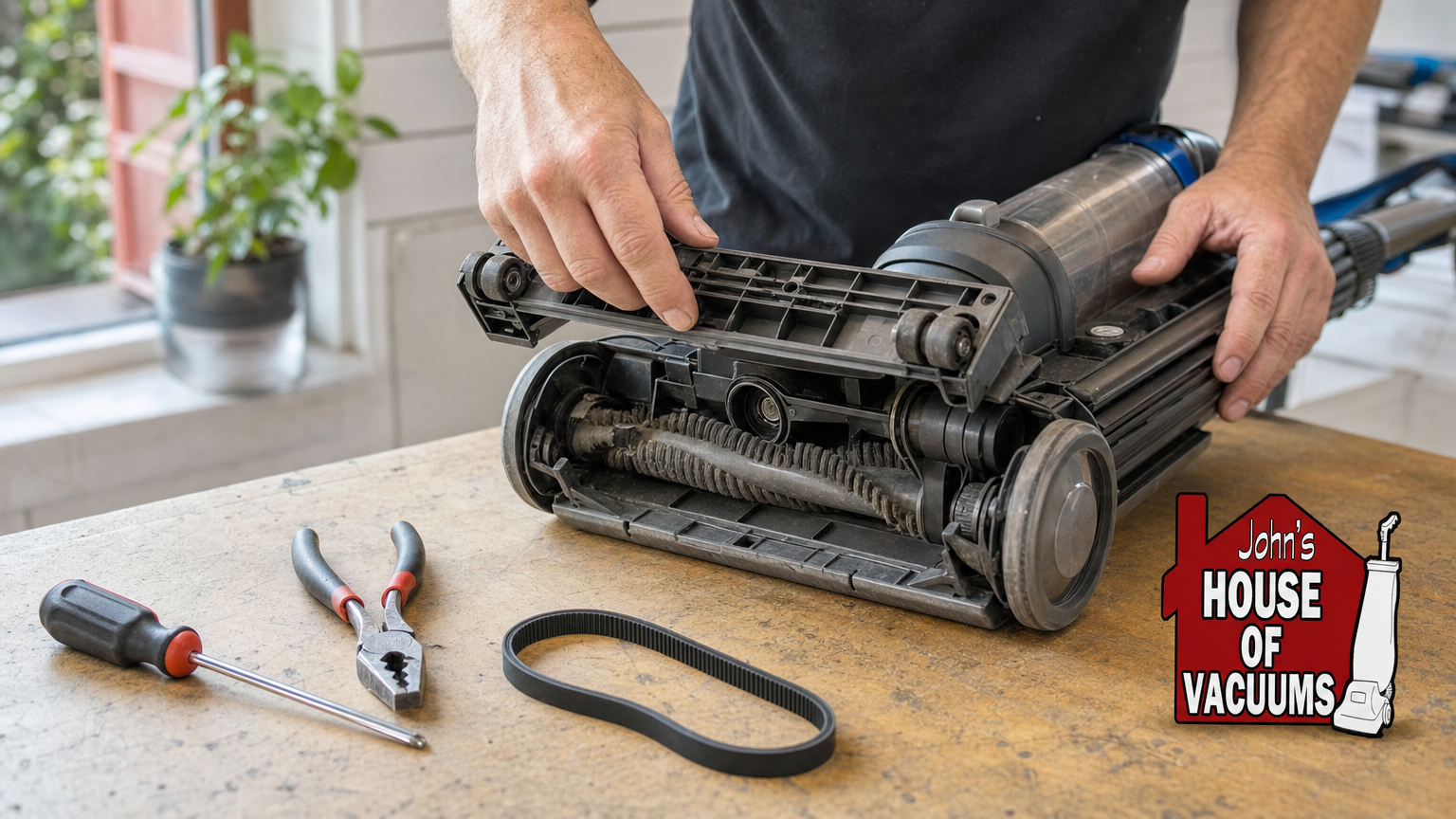 Technician inspecting the belt and brush roll inside an open upright vacuum.