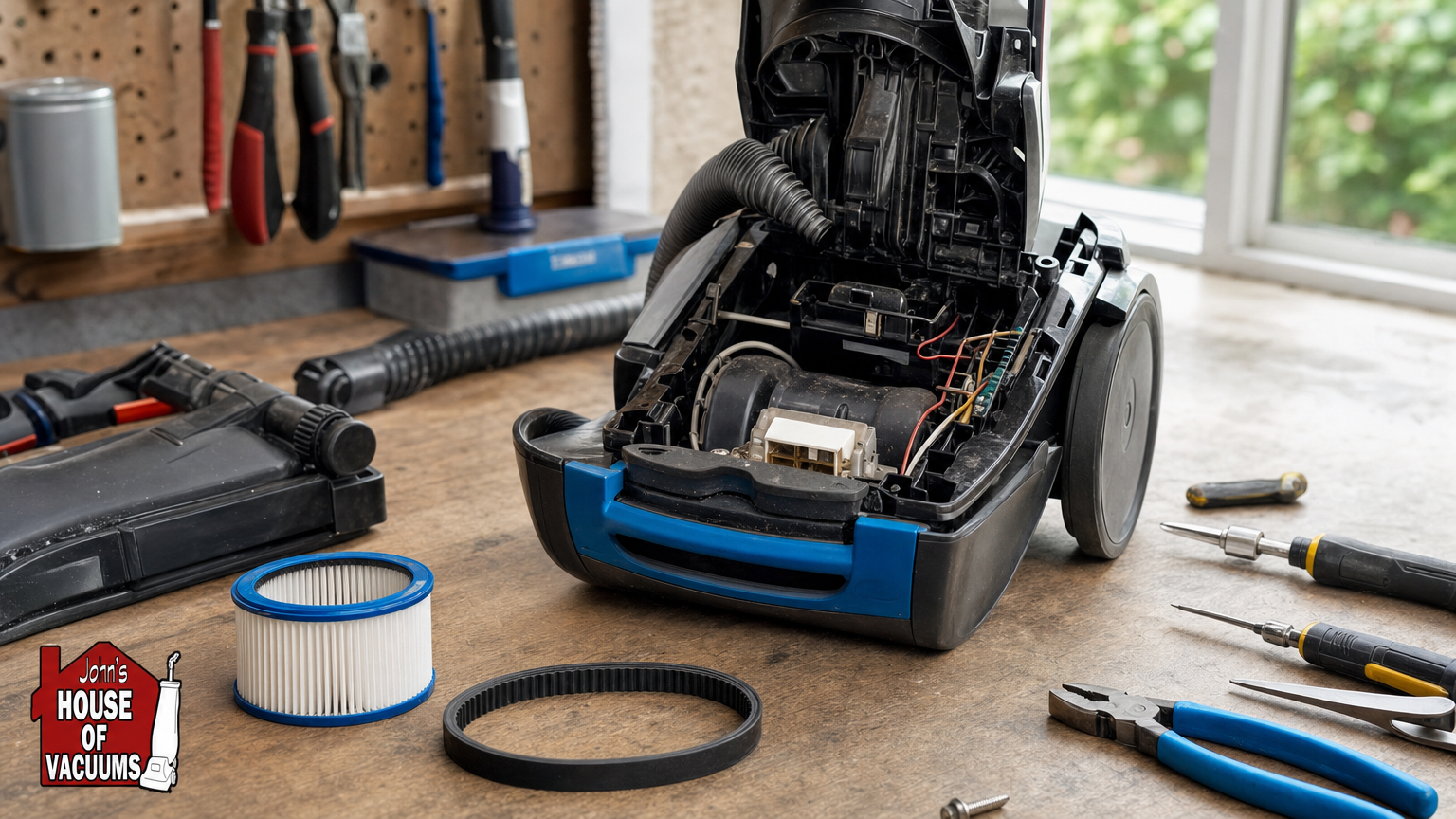 Technician repairing a canister vacuum on a workbench with replacement parts laid out Technician repairing a canister vacuum on a workbench with replacement parts laid out