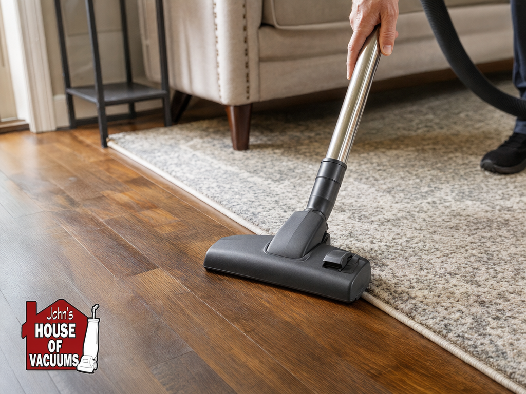 Vacuum cleaner being pushed across a hard floor next to an area rug during an in-store demonstration