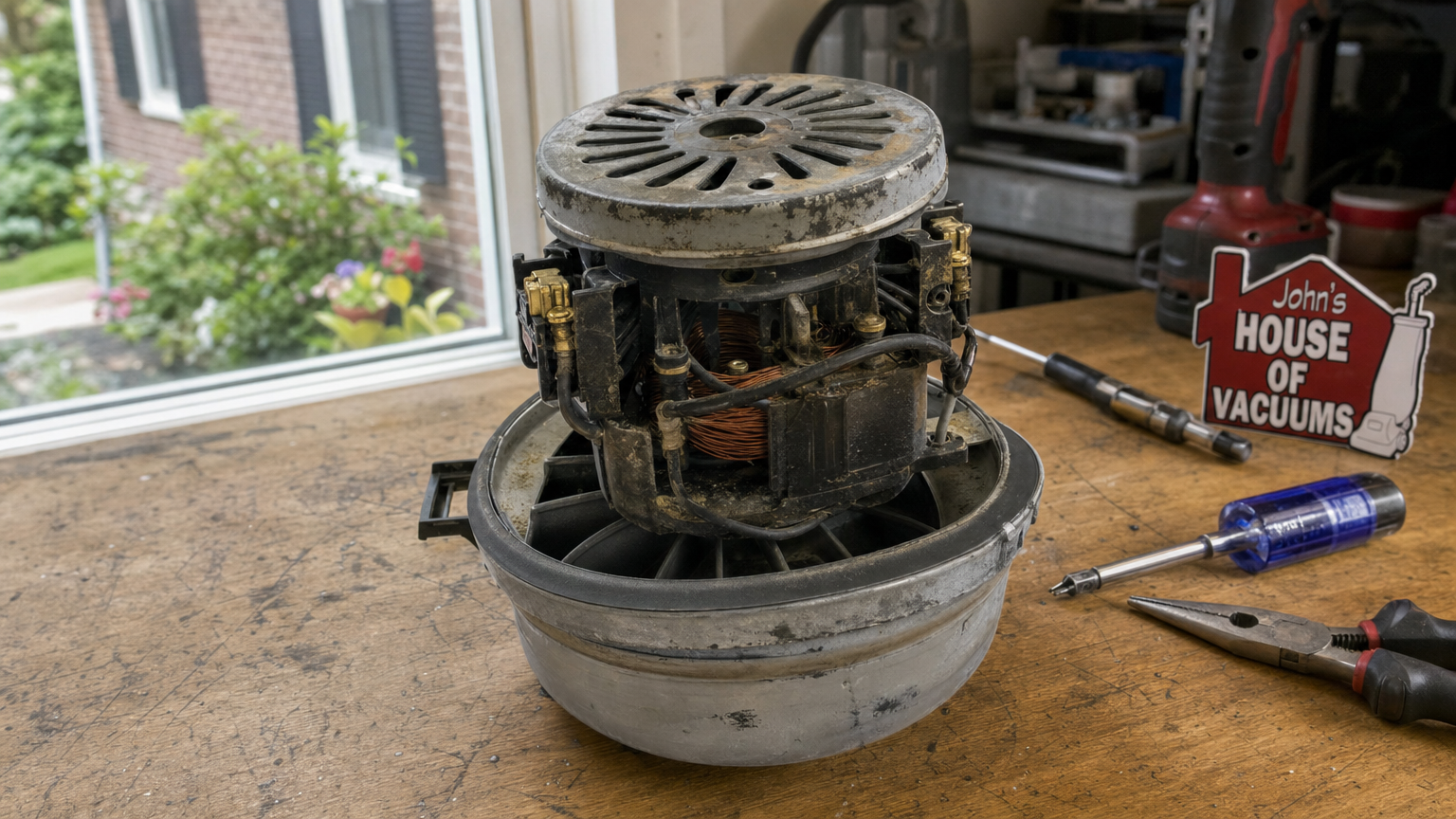 Vacuum cleaner motor and belt removed from the housing and laid out on a repair bench Vacuum cleaner motor and belt removed from the housing and laid out on a repair bench
