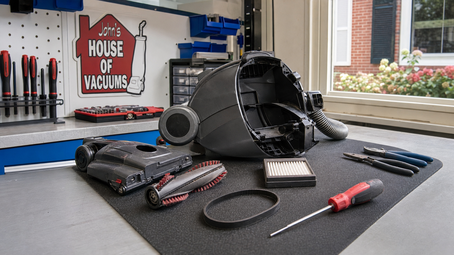 Vacuum cleaner parts including a belt, brush roll, and filter laid out on a repair workbench