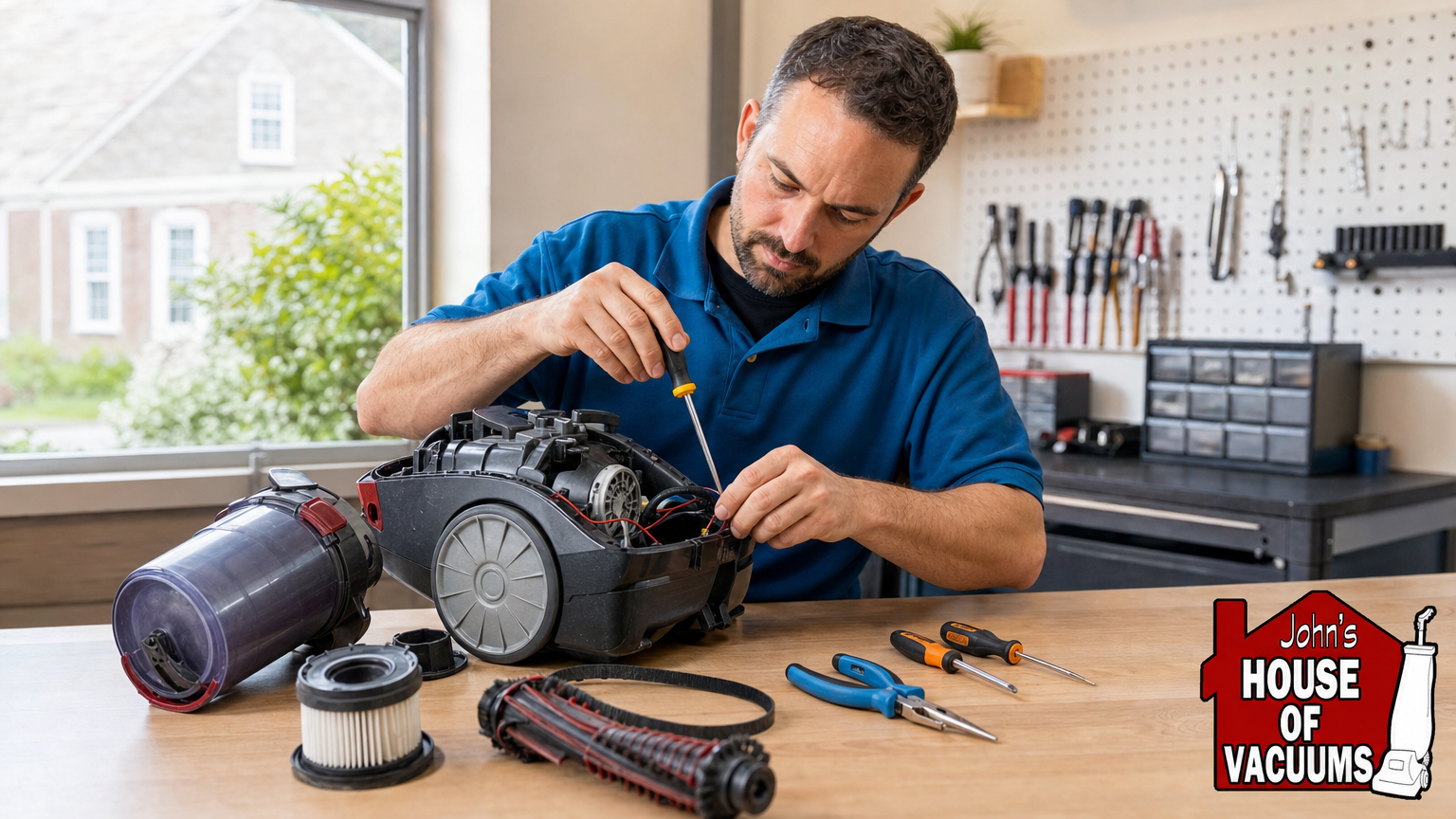 Vacuum repair technician inspecting a disassembled vacuum cleaner motor and belt on a workbench