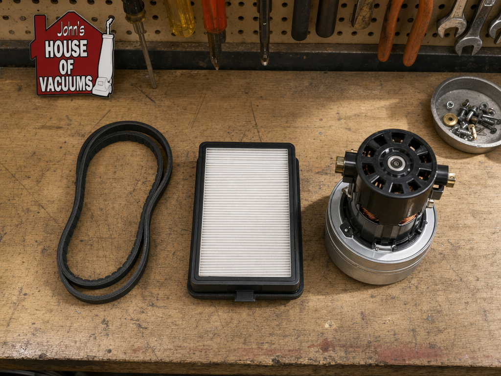 Vacuum replacement parts including a drive belt, a filter, and a motor laid out on a workbench.
